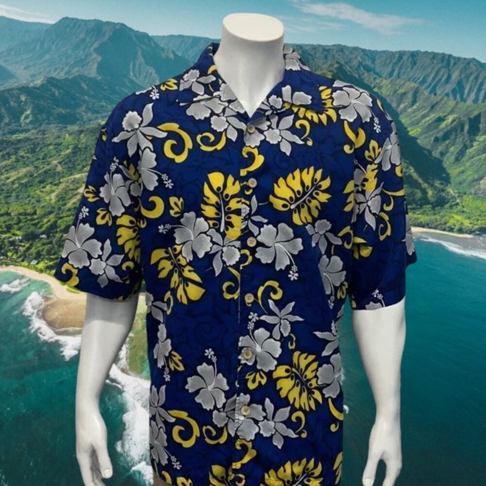 ODO Hawaiian Floral Design Blue Yellow White Short Sleeve Shirt Wood Buttons XL